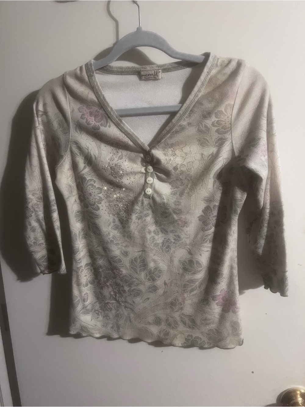 ONE WORLD Floral V-Neck Button Accent Top - Cream with Green and purple